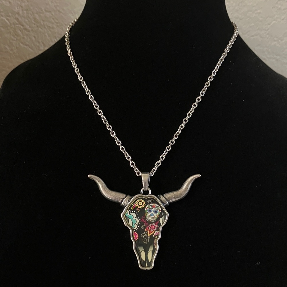 Icon Collections Silver Longhorn Bull Sugar Skull Bohemian Necklace